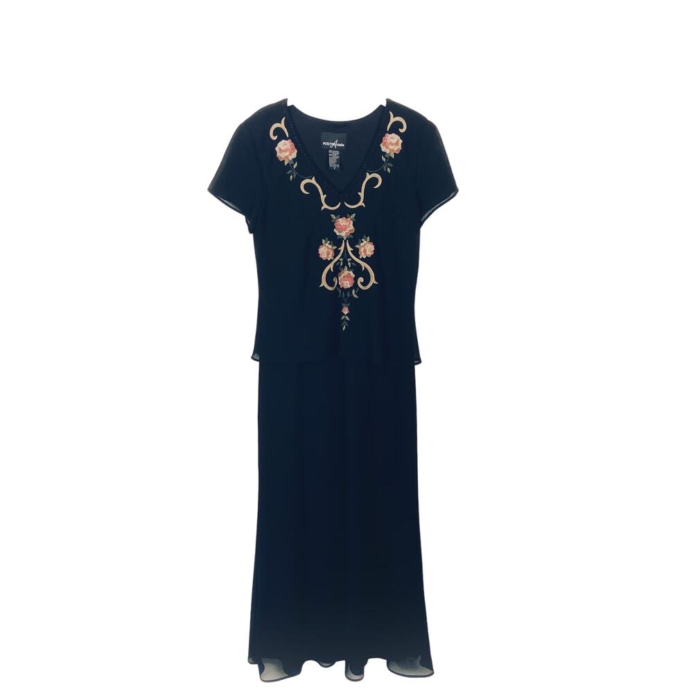 Positive Attitude Dress Womens Size 8 Black Floral Rose Embroidered Goth Midi